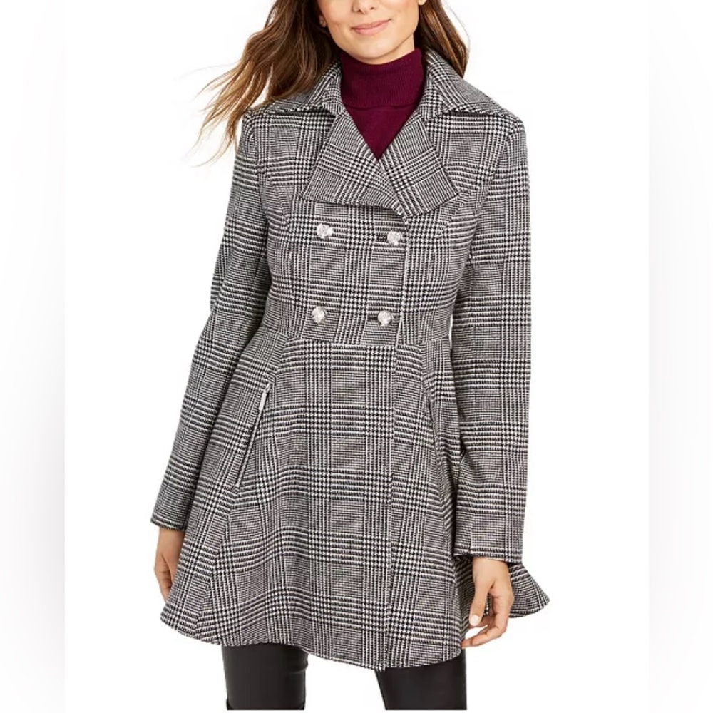 Laundry By Shelli Segal | Plaid Double-Breasted Skirted Peacoat, Size XL